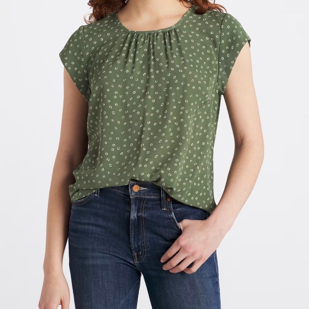 Olive Green Pleated Short Sleeve Women's Blouse